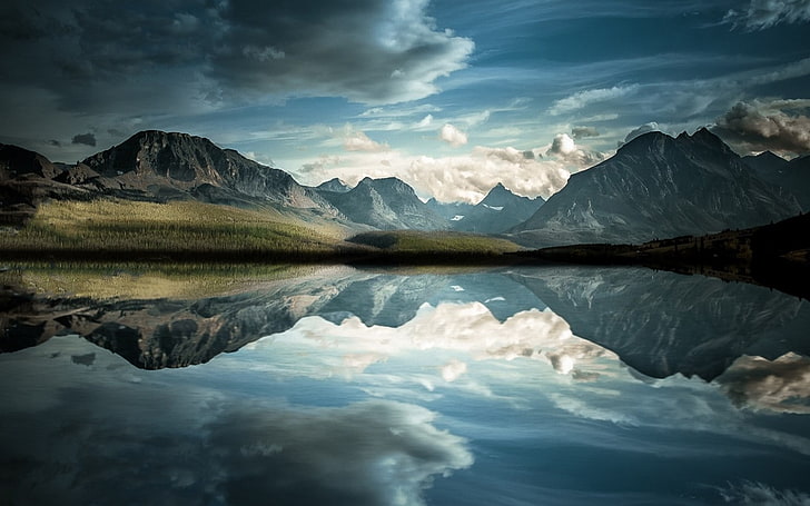 nature, landscape, lake, reflection, calm, mountains, clouds