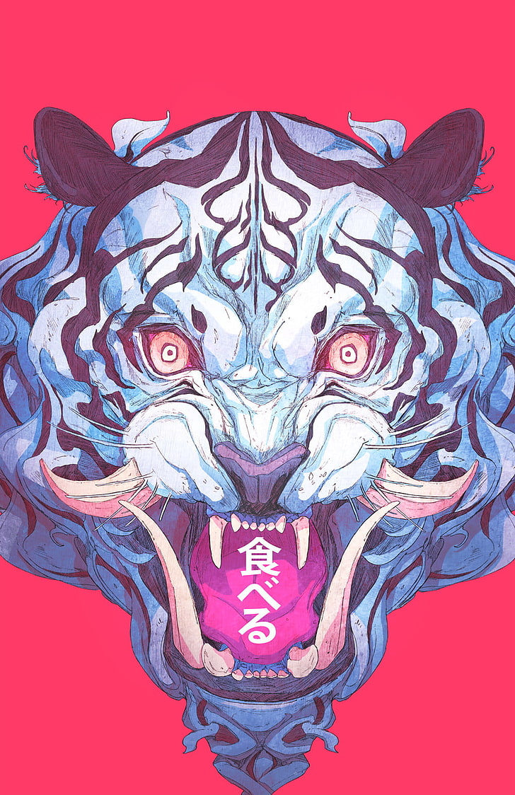 blue and black lion mask, tiger, demon, samurai, Chun Lo, illustration