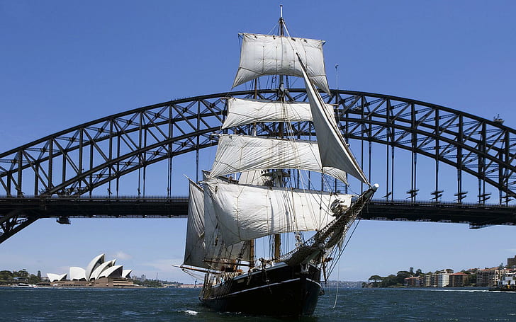 Sailboat Under Sydney Harbour Bridge, Sydney, Australia, 1920x1200