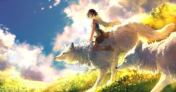 anime, Studio Ghibli, wolf, Princess Mononoke, anime girls, HD wallpaper