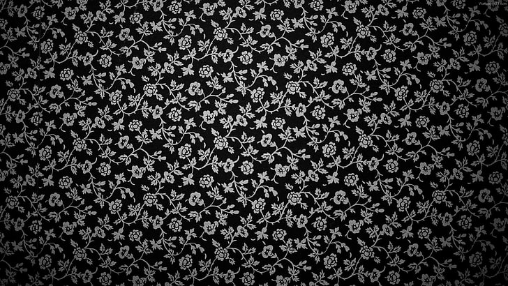 black and gray floral wallpaper, pattern, monochrome, full frame, HD wallpaper