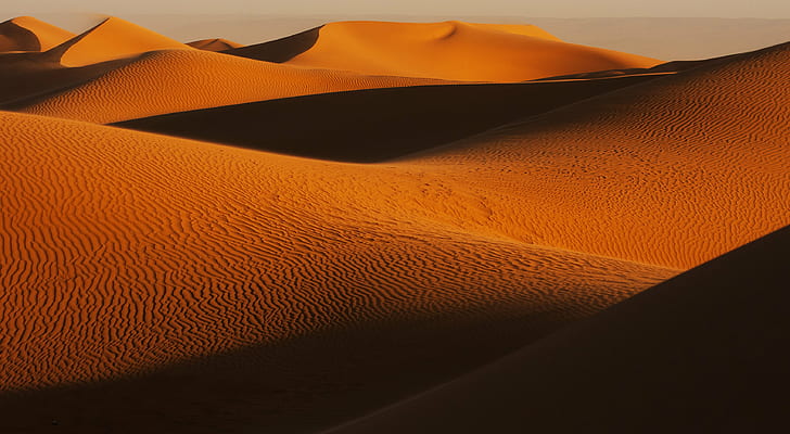 brown desert waves scenery, sunset  brown, Dunes, Africa, Morocco, HD wallpaper