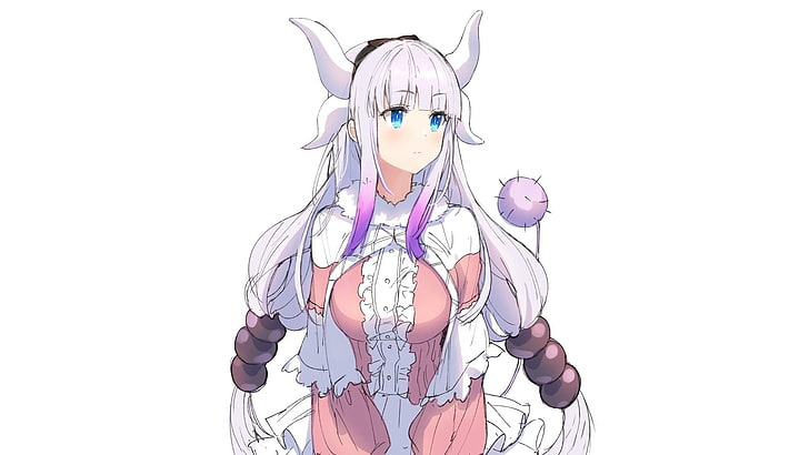 white haired woman with horns anime character wallpaper, white background