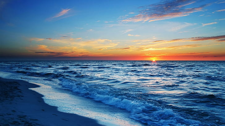 Waves of the beach at sunset, waves crashing on beach during dusk illustration