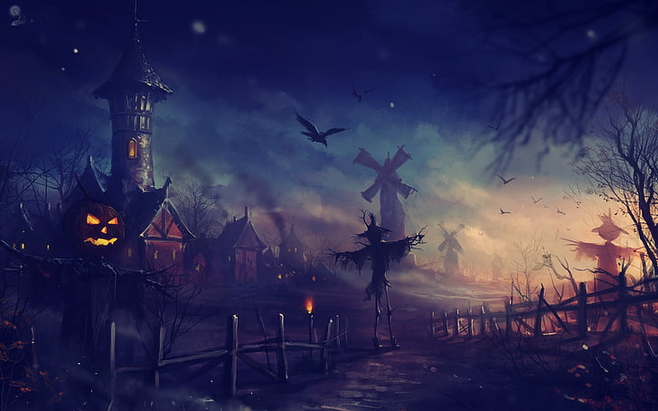 halloween wallpaper, scarecrows, pumpkin, Jack O' Lantern, windmill, HD wallpaper