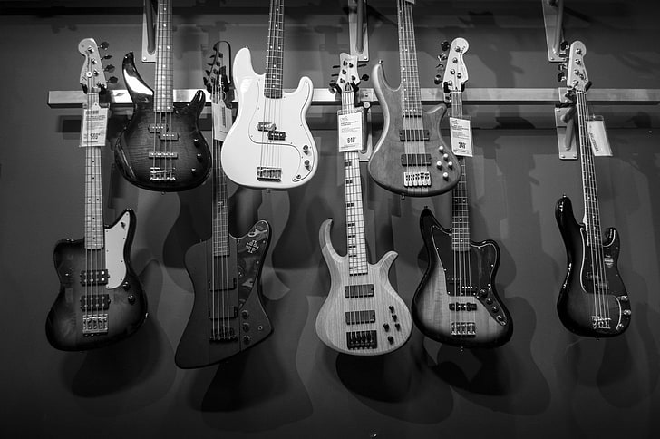 acoustics, bass guitars, black and white, collection, design, HD wallpaper