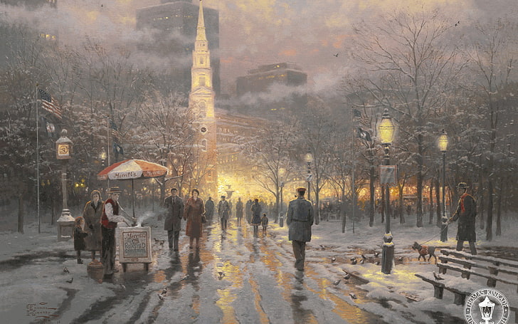 painting of people walking on street covered in snow, winter