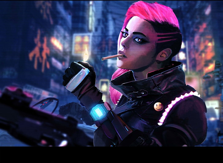 Overwatch Sombra wallpaper, women, cyberpunk, smoking, pink hair, HD wallpaper