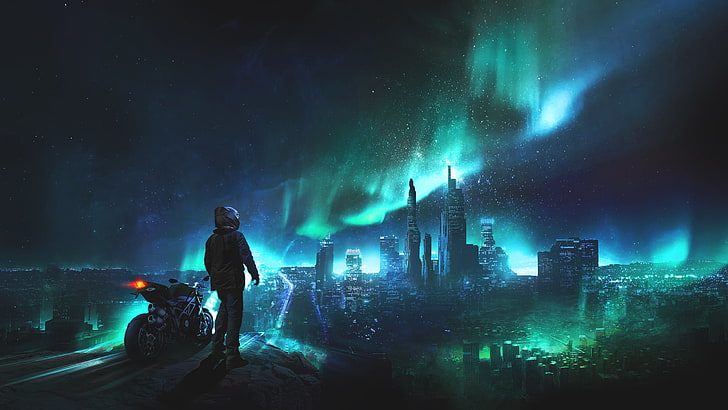 black hooded jacket, man with motorcycle watching the northern lights above the city