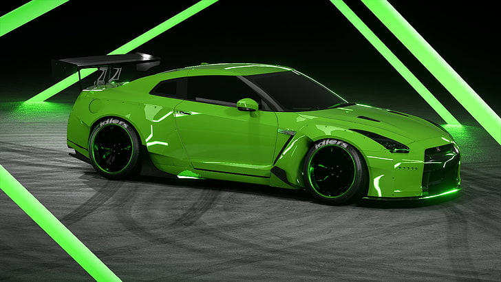 Nissan GTR, green, Rocket Bunny, car, transportation, motor vehicle, HD wallpaper
