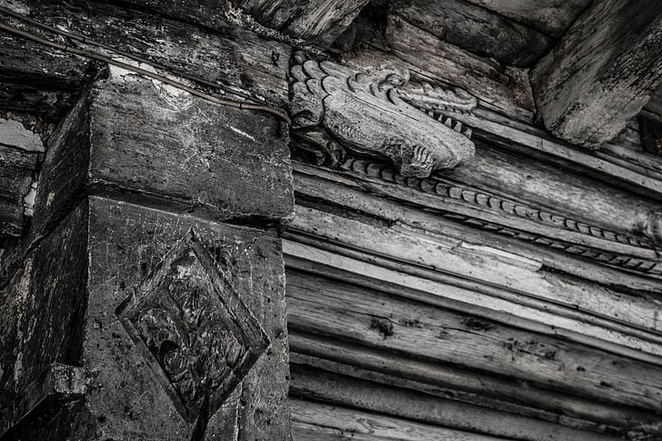 monochrome, medieval, wood, dragon, details, wood - material, HD wallpaper