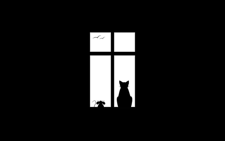 minimalism, artwork, black background, animals, white, cat, HD wallpaper