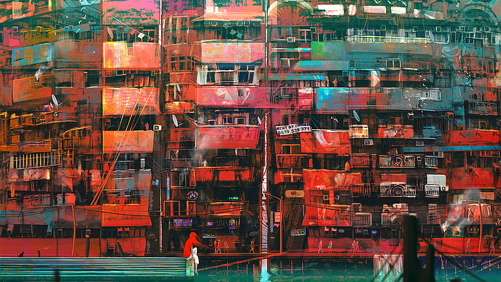houses near body of water artwork, assorted-color buildings, digital art