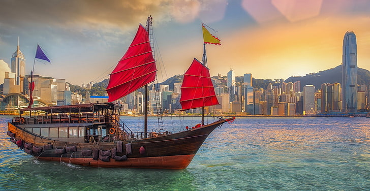the city, China, building, Bay, Hong Kong, junk, Victoria Harbour, HD wallpaper