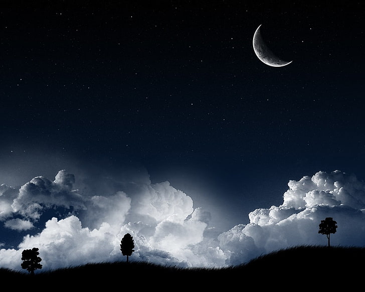 white clouds, landscape, night, Moon, stars, sky, cloud - sky, HD wallpaper
