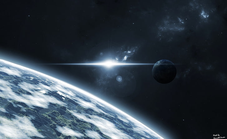 Sunshine In Space, Earth near black planet digital wallpaper