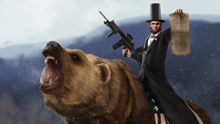 Abraham Lincoln riding grizzly bear illustration, bears, weapon