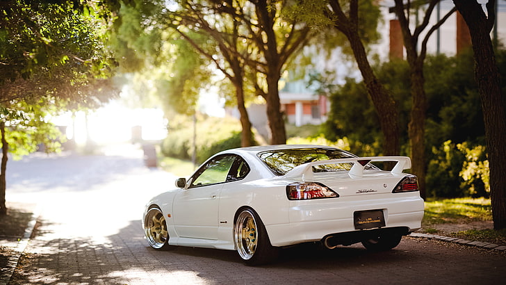 white coupe, light, trees, S15, car, Nissan, Nissan Silvia, mode of transportation HD wallpaper