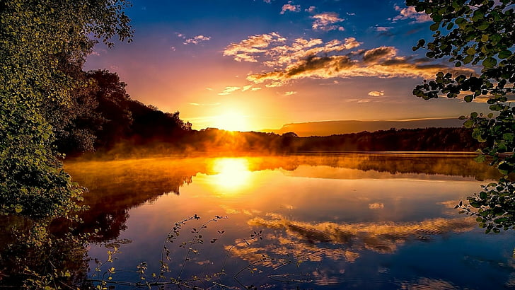 sunrise, reflection, nature, sky, water, dawn, morning, lake, HD wallpaper