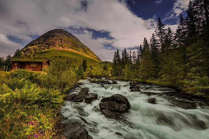 river, cabin, scenics - nature, cloud - sky, water, beauty in nature, HD wallpaper