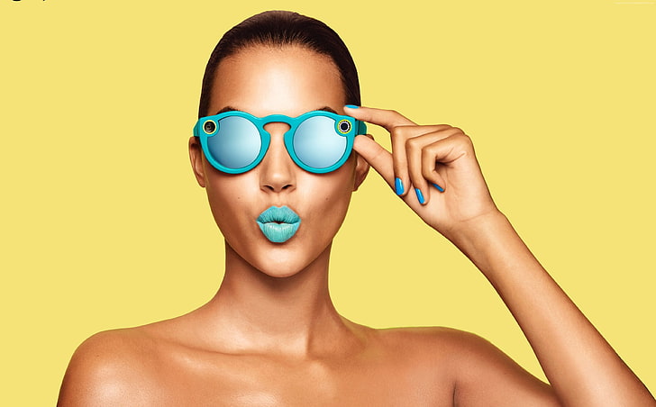 google glass, Snapchat glasses, blue lips, girl, headshot, one person