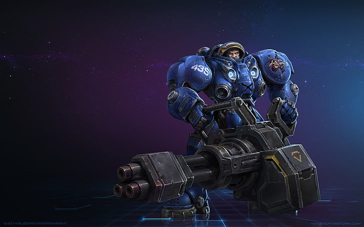 blue robot man holding gatling gun illustration, Blizzard, StarCraft 2, HD wallpaper