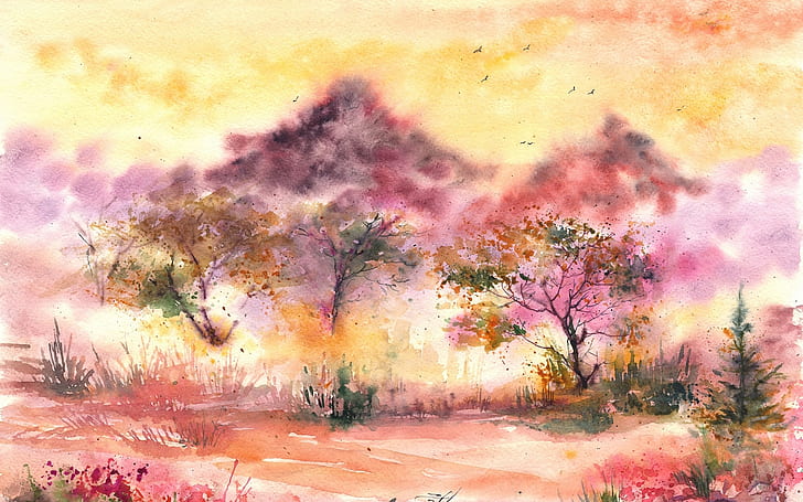Watercolor painting, landscape, trees, birds, leaves, grass