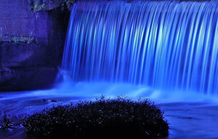 Blue Waterfall, picture, stones, black, nice, amzzing, moss, foam, HD wallpaper