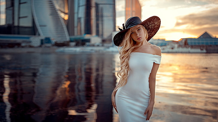 women's white off-shoulder bodycon dress, model, Georgy Chernyadyev