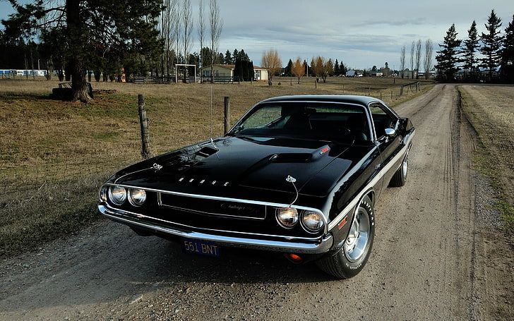 black coupe, background, Dodge, Challenger, 1970, the front, Muscle car, HD wallpaper