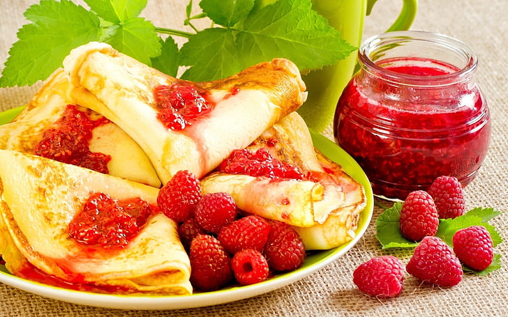 food, colorful, raspberries, fruit, pancakes, breakfast, food and drink, HD wallpaper