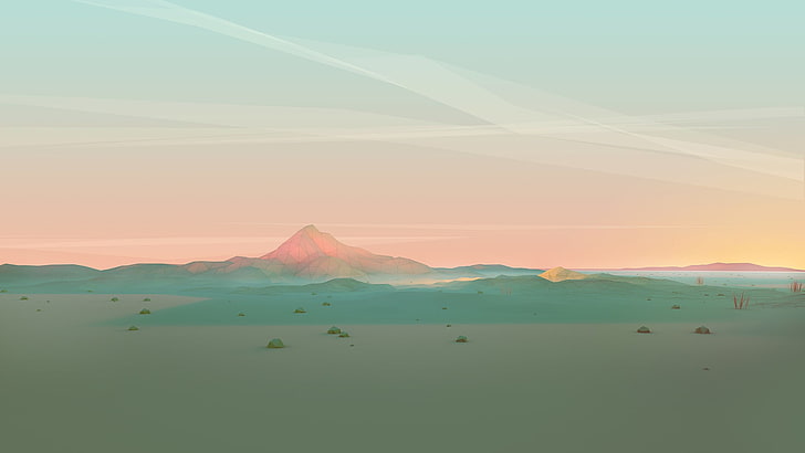 silhouette of mountains, sunset, digital art, low poly, scenics - nature