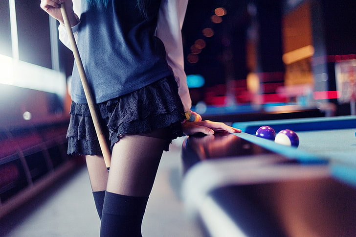 women's black skirt, billiards, blue hair, leisure activity, sport