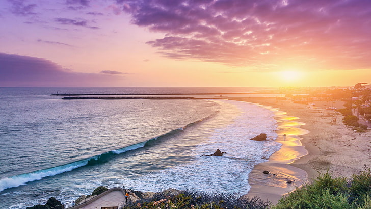 HD wallpaper: seaside, sunset, purple sky, shore, horizon, coast, ocean,  wave | Wallpaper Flare