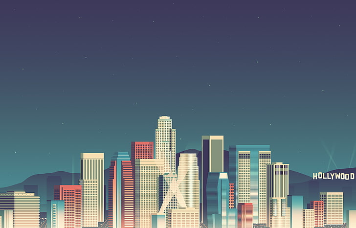 Hollywood, architecture, vector art, USA, stars, lights, clear sky, HD wallpaper