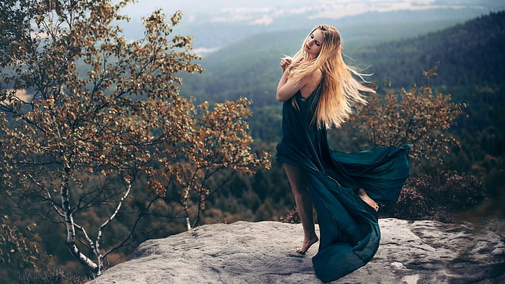 closed eyes, forest, barefoot, leaves, women, landscape, long hair, HD wallpaper