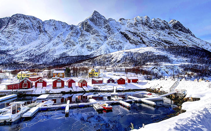 Norway, bay, mountains, houses, sky, clouds, snow, winter