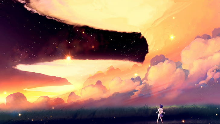 artwork, stars, looking into the distance, anime, field, clouds