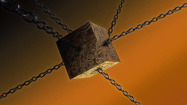 cube, chains, no people, metal, close-up, hanging, rope, orange color, HD wallpaper