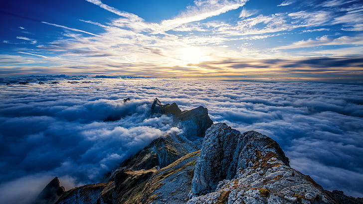 clouds, Horizon, landscape, Mountain top, mountains, Saentis Mountain, HD wallpaper