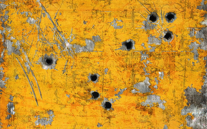 yellow wooden board, paint, metal, bullet holes, stains, light