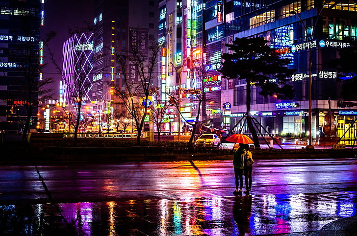 Busan, night, street, cityscape, neon, rain, umbrella, reflection, HD wallpaper