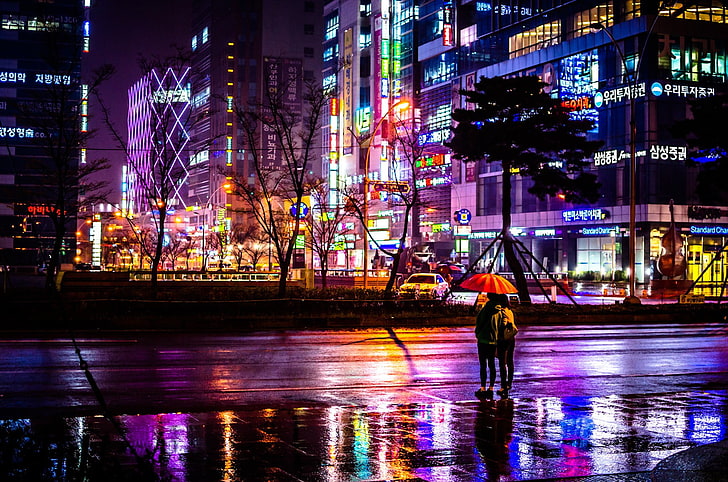 orange umbrella, cityscape, South Korea, night, rain, street