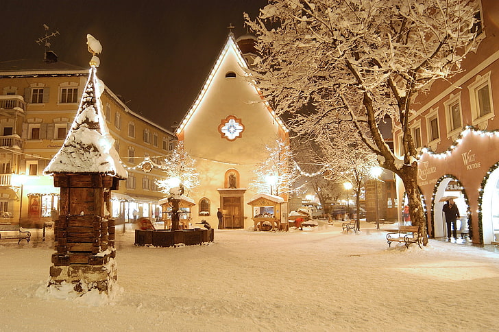 snow, lights, city, Christmas, night, tree, illuminated, winter, HD wallpaper