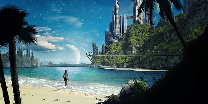 matte painting space futuristic beach sea, water, tree, sky, HD wallpaper