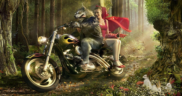 wolf riding on cruiser motorcycle digital wallpaper, fantasy art, HD wallpaper