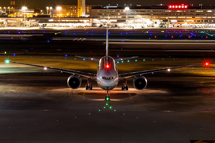 night, lights, the airfield, Boeing 777-300ER, air vehicle, HD wallpaper