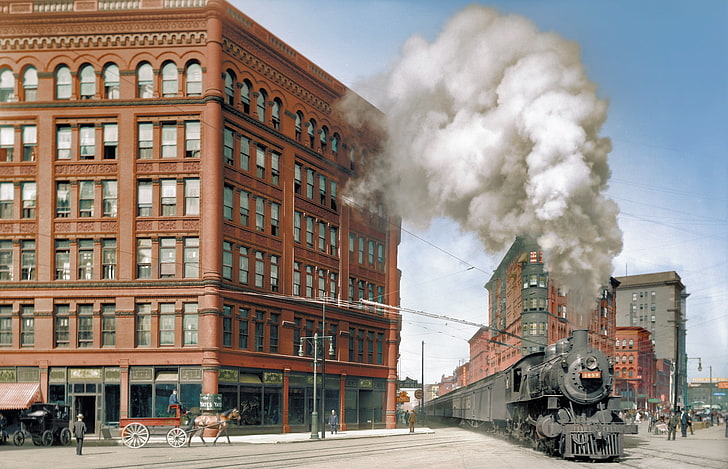 black metal train, steam locomotive, smoke, colorized photos