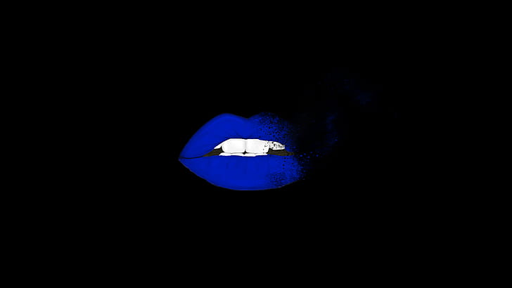 lips, dark background, black background, blue, minimalism, teeth