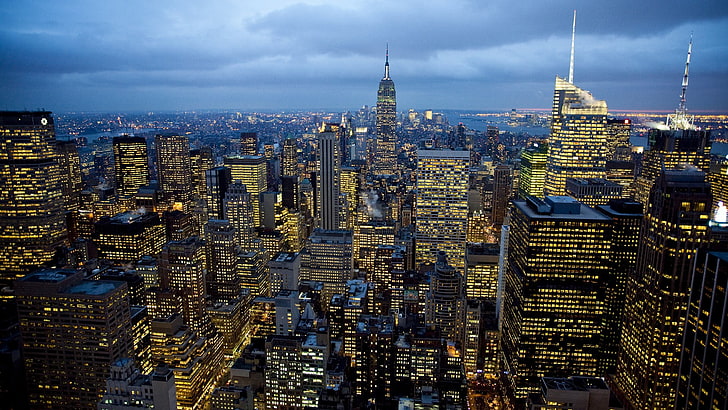 city skyline at night, cityscape, lights, building, New York City
